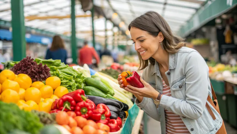 Woman selecting fresh organic vegetables at a local farmers market stall